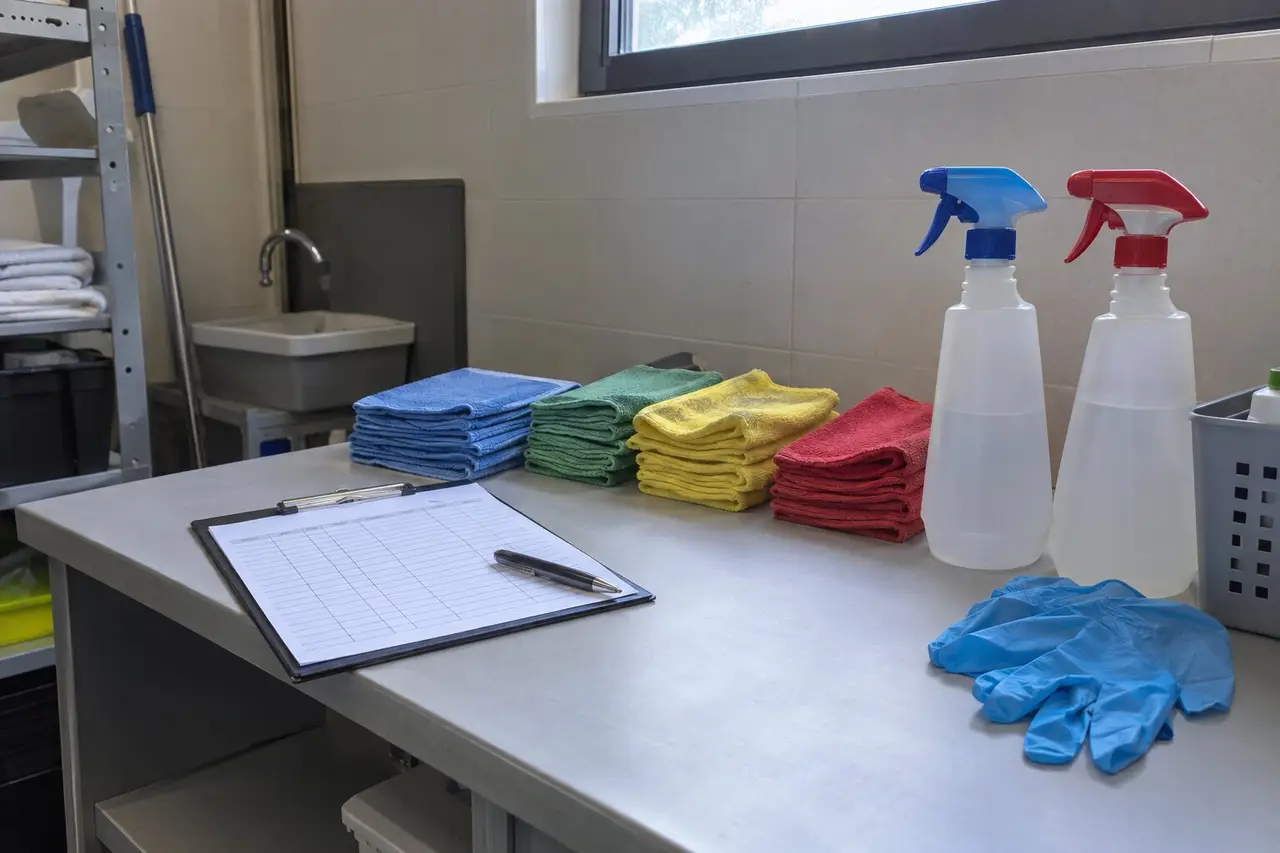 Portapapeles con lista de tareas, bayetas de microfibra de cuatro colores, pulverizadores y guantes azules en una encimera