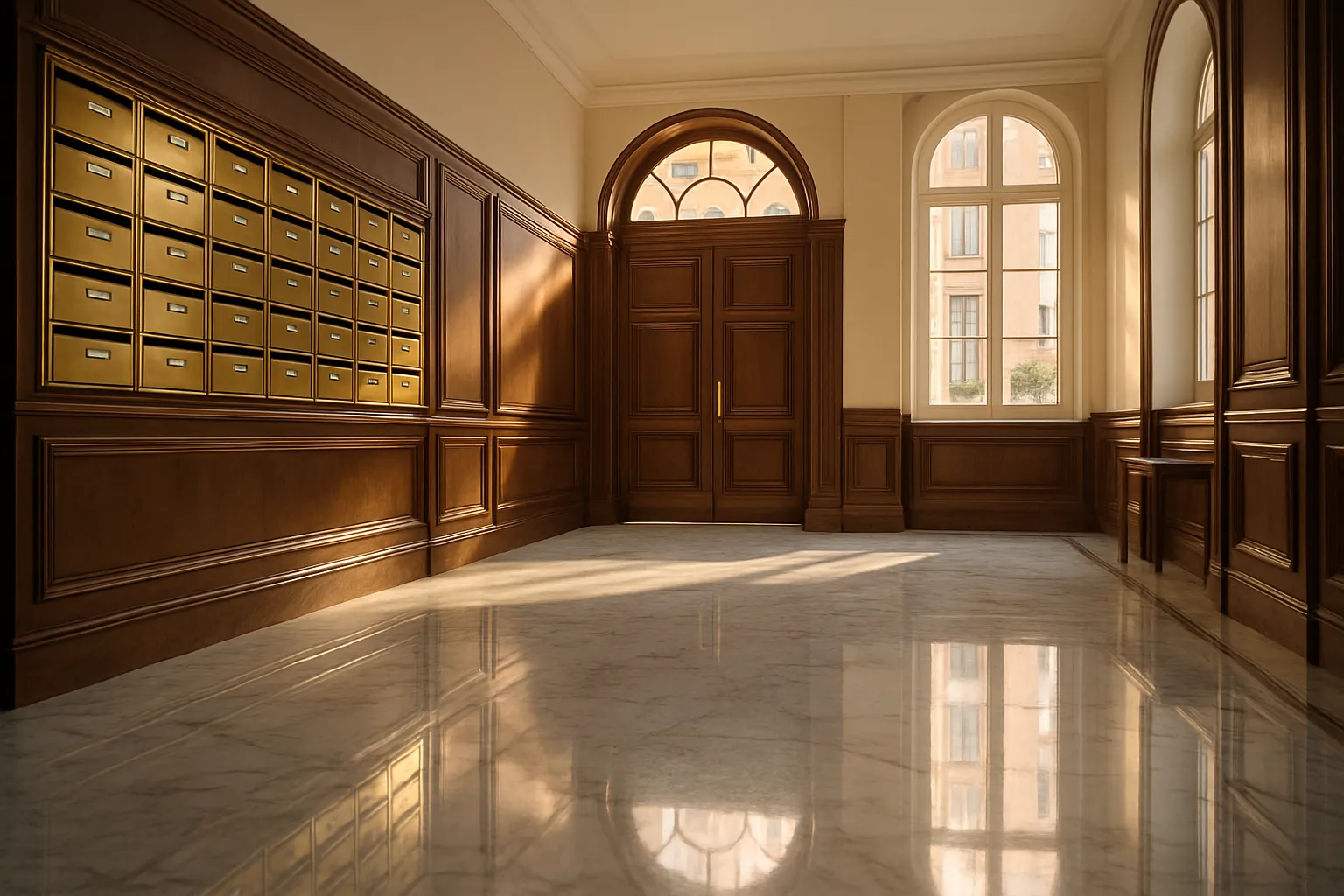 Portal residencial con suelo de mármol pulido y reflectante en Madrid