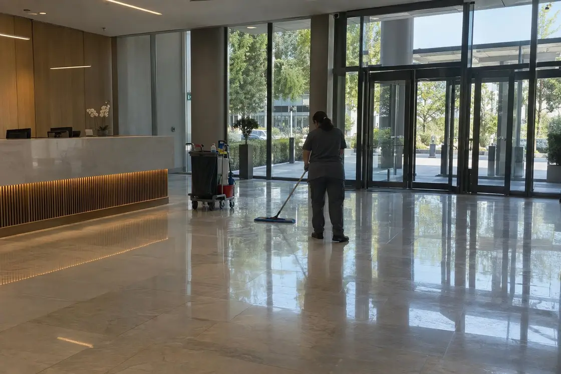 Operaria pasando la mopa por el suelo brillante del vestíbulo de un edificio de oficinas, con el carro de limpieza al lado