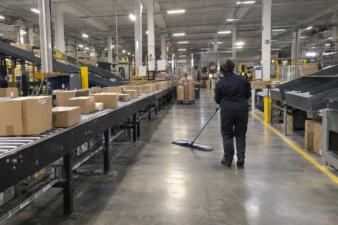 Operaria pasando una mopa ancha por el pasillo entre cintas transportadoras con cajas de un centro de distribución