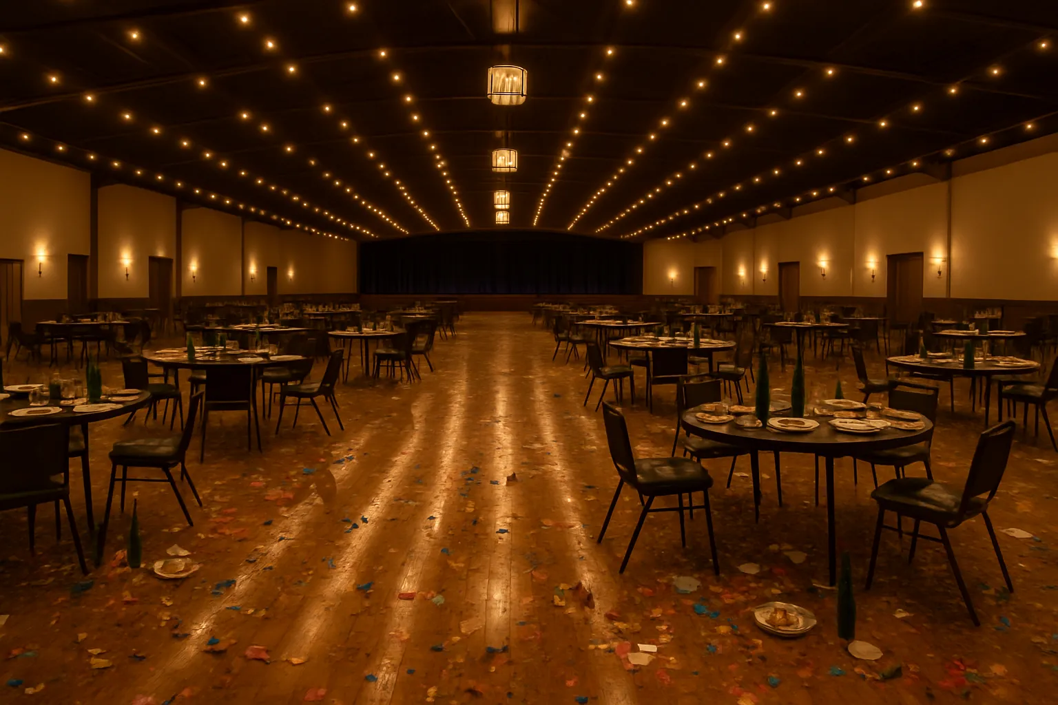 Salón de eventos después de una celebración, con confeti, platos y botellas por el suelo