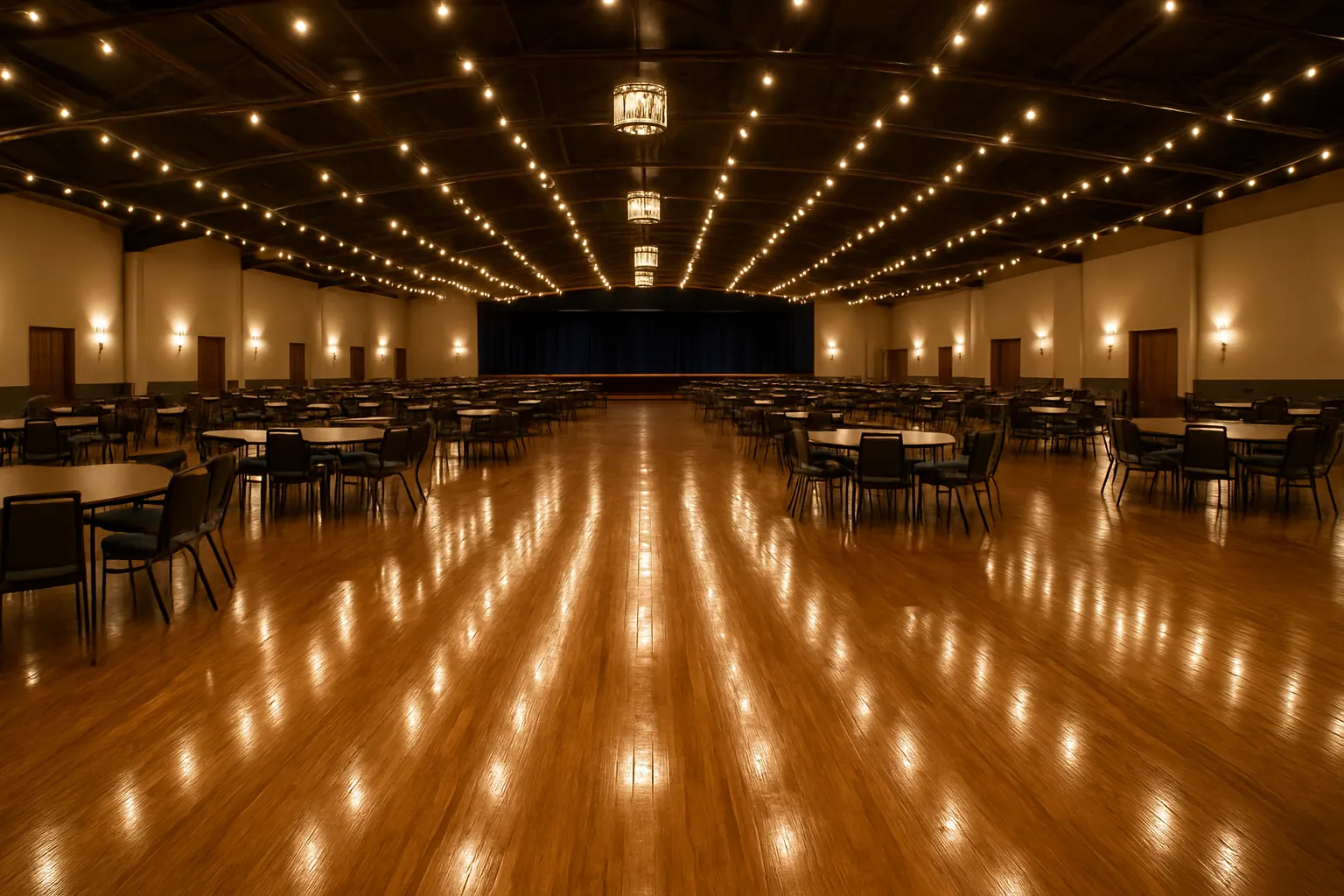 El mismo salón tras la limpieza, con el parquet limpio y las mesas recogidas