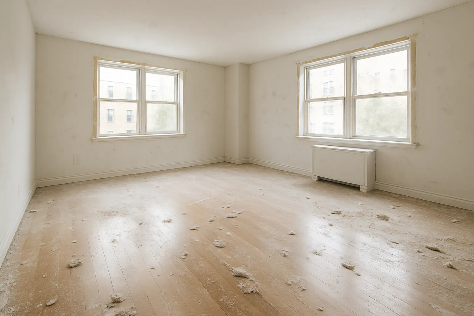 Salón vacío después de una obra, con restos de yeso y polvo sobre el parquet