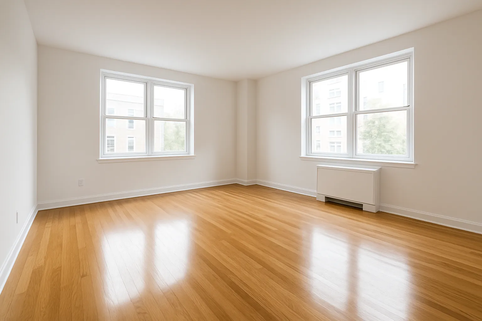 El mismo salón tras la limpieza de fin de obra, con el parquet limpio y brillante