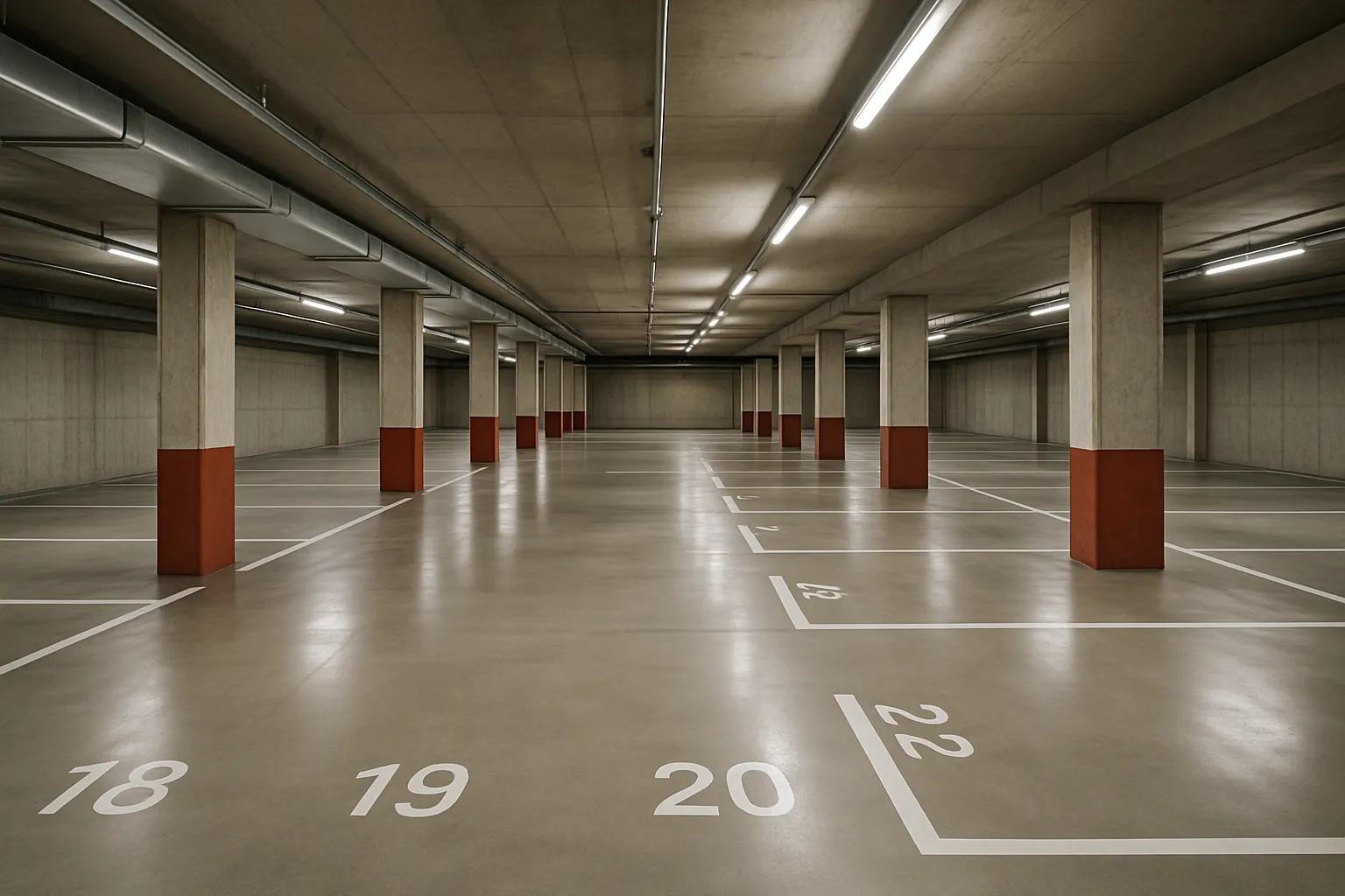 El mismo garaje tras la limpieza, con el suelo limpio y las plazas bien marcadas
