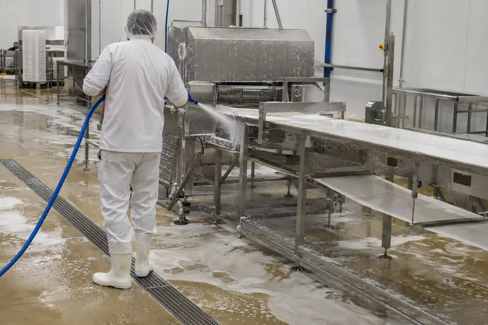Operario de espaldas con ropa blanca y gorro aclarando con manguera la maquinaria de una planta industrial cubierta de espuma