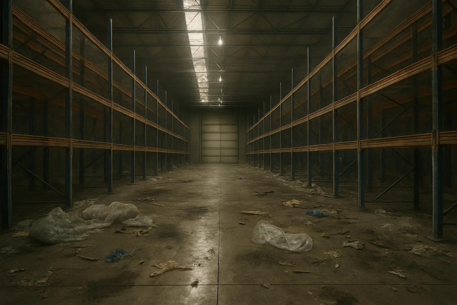 Pasillo de una nave industrial entre estanterías, con plásticos y suciedad por el suelo