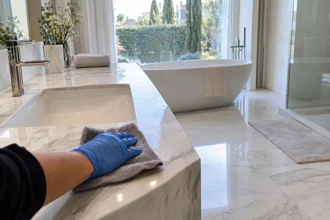 Mano con guante de nitrilo abrillantando con una bayeta la encimera de mármol blanco de un baño con bañera exenta