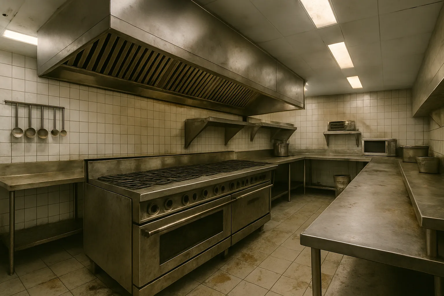 Cocina de restaurante con grasa acumulada en los fogones, las encimeras y el suelo