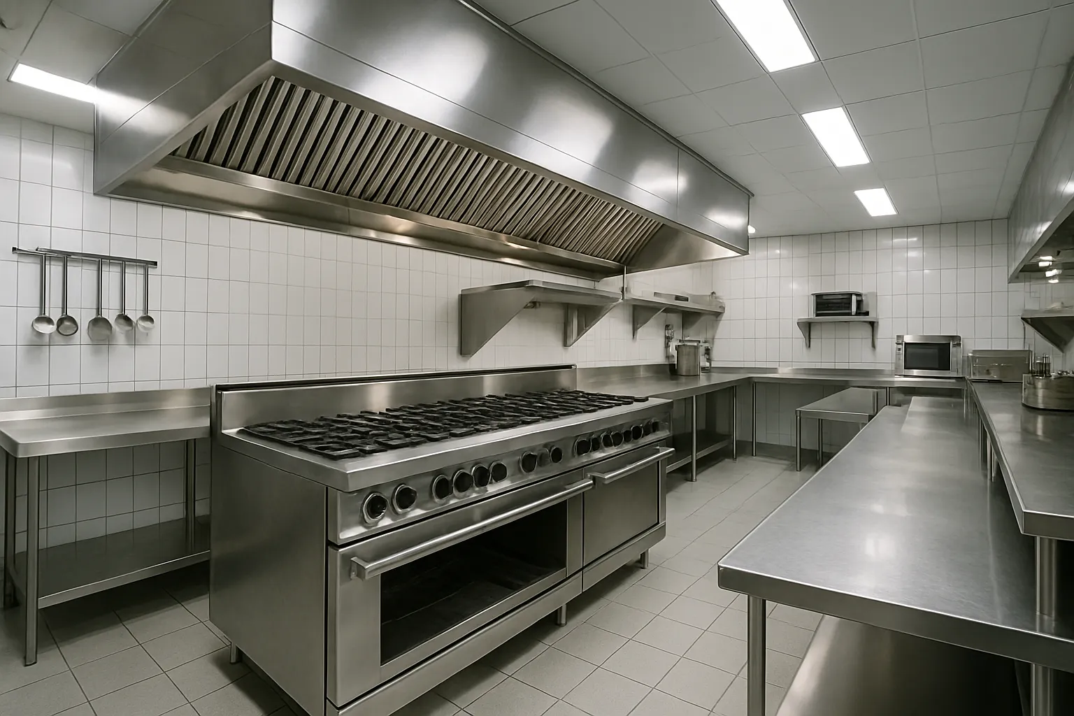 La misma cocina tras la limpieza, con el acero inoxidable desengrasado y el suelo limpio