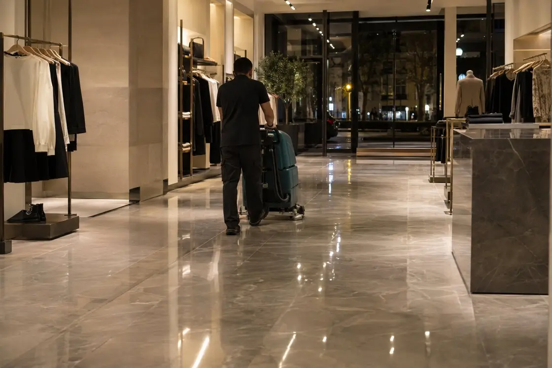 Operario empujando una fregadora por una tienda de ropa cerrada, de noche, sobre un suelo porcelánico brillante