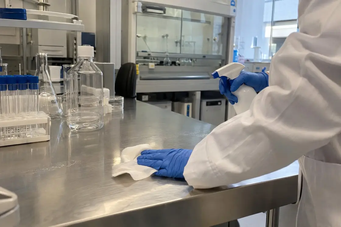 Manos con guantes de nitrilo y bata blanca limpiando con un pulverizador y una toallita una mesa de acero de laboratorio