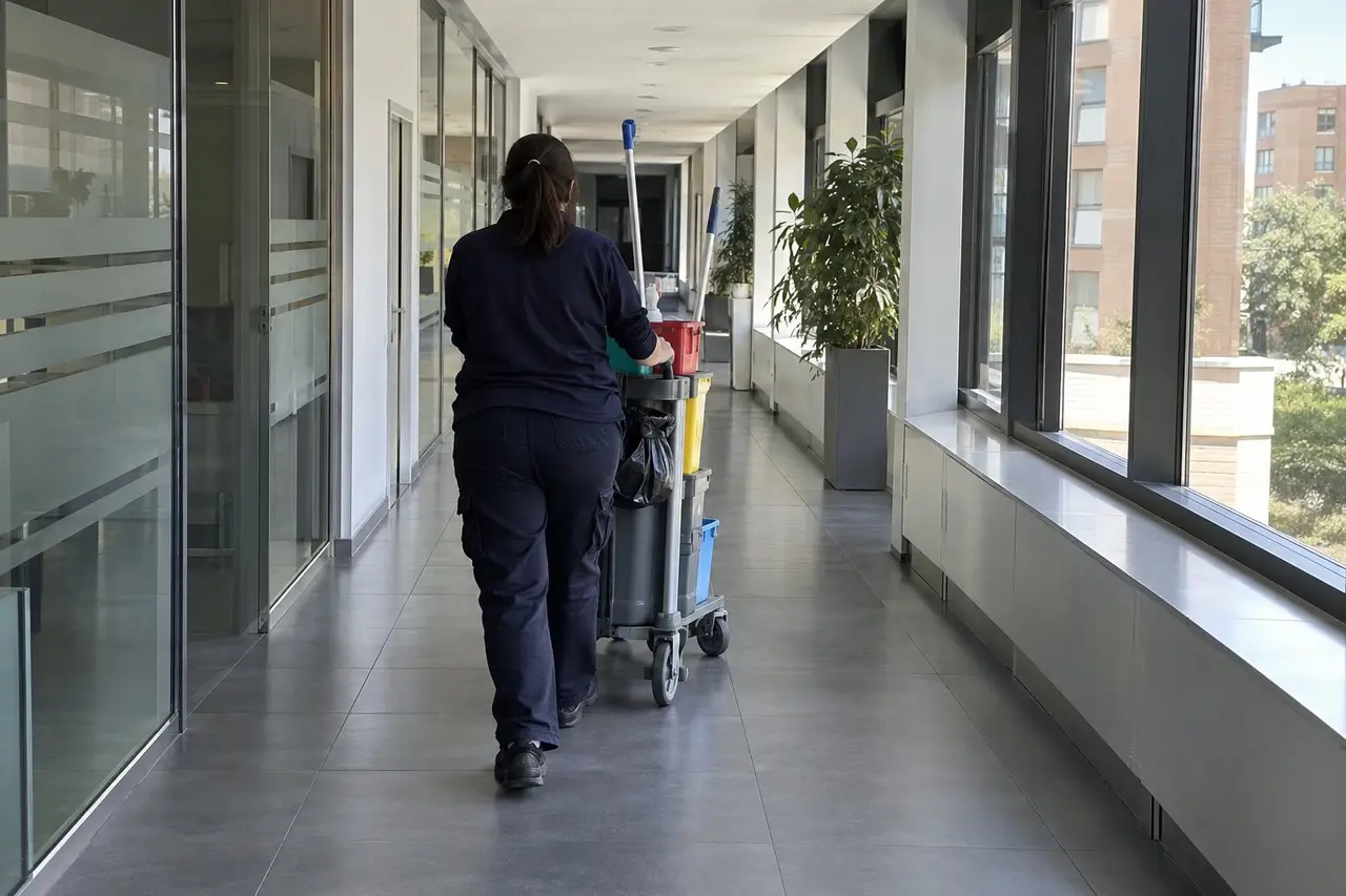 Limpiadora de espaldas empujando un carro de limpieza por un pasillo luminoso de oficinas, junto a los ventanales